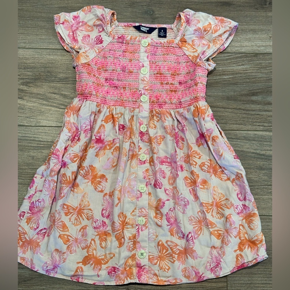 Lands’ End Girls 6 Butterfly Smocked Pink and Orange Cap Sleeve Dress